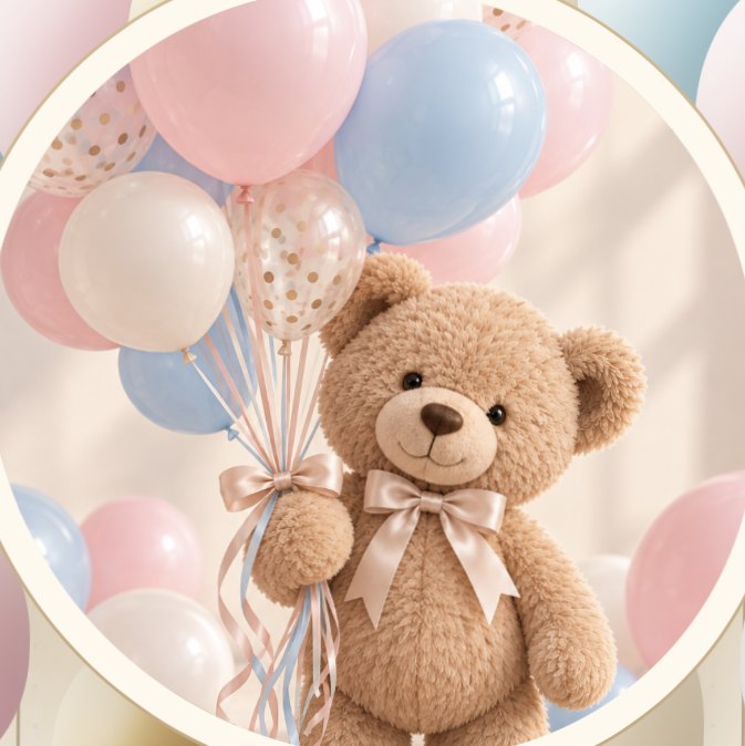 Teddy bear holding pink and blue balloons